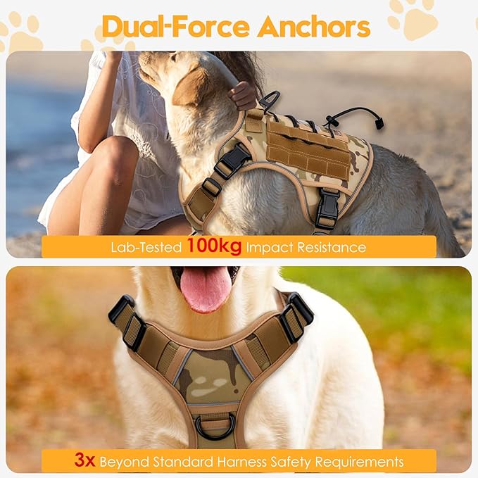 Heavy-Duty Tactical Dog Harness for Large Dogs, No Pull Adjustable Reflective Pet Vest with Molle System, K9 Military-Grade Control for Service Training, Outdoor & 10+ Breeds, Desert Camo, X-Large