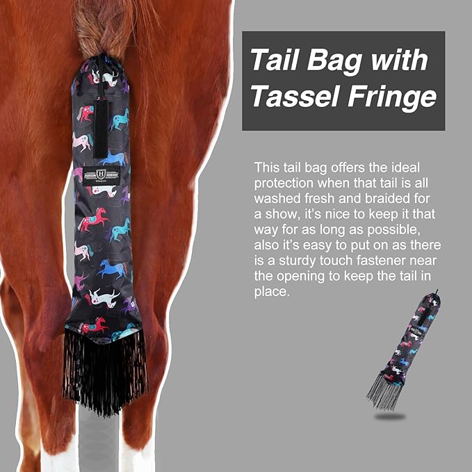 Harrison Howard Smooth Lightweight Adjustable Fastener Nylon Horse Tail Bag with Fringe