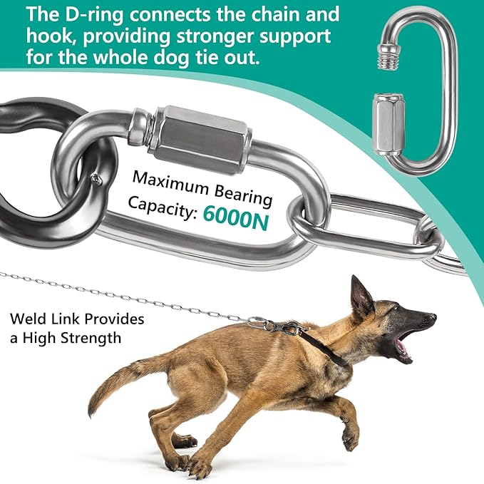 Tresbro Heavy Duty Dog Chains for Outside, 10FT Stainless Steel Tie Out Cable with Swivel Hook for Large Dogs, Metal Chew Proof Pet Runner Chain Leash Lead for Outdoor Camping Hiking Yard, 5MM