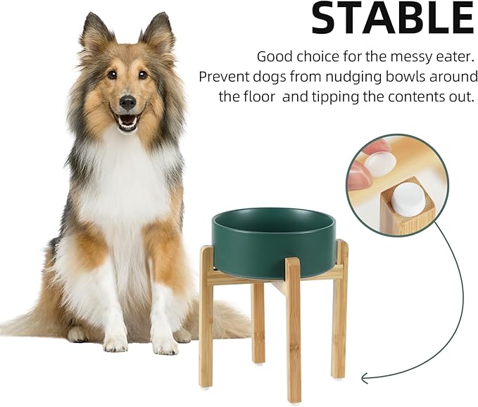 Ceramic Raised Dog Bowl Set, Elevated Dog Bowl with Stand, Food and Water Bowl for Large Breed Dogs, Weighted Dog Dishes, Pet Bowl(8.2'',60OZ, Green)