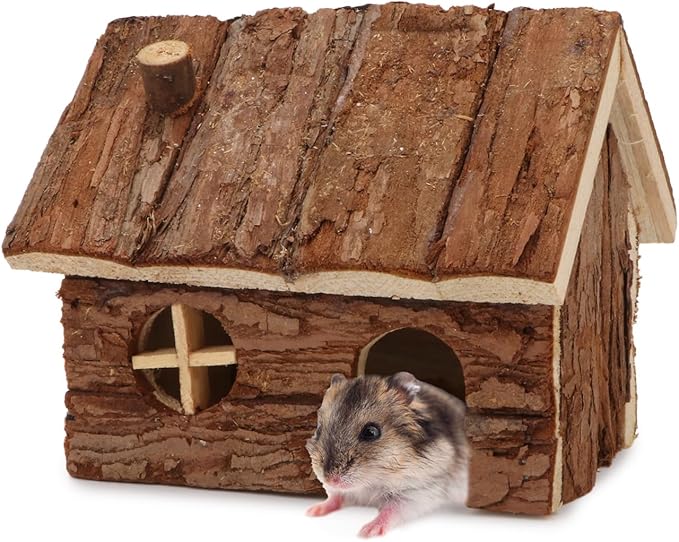Hypeety Natural Wooden Hamster House Cage Small Animals House with Chimney for Pet Rats Gerbil Hideout Play House (S)