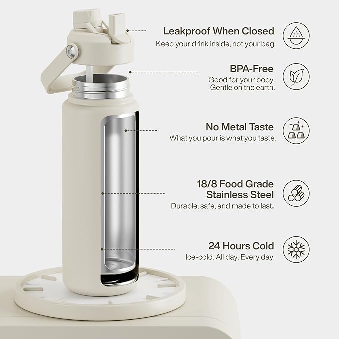 Insulated Water Bottle with Straw Stainless Steel Water Bottle, Leak-Proof, BPA-Free, Double Wall Vacuum Keeps Cold for 24 Hours for Sports, Travel, School (32 oz, Cream Moon)