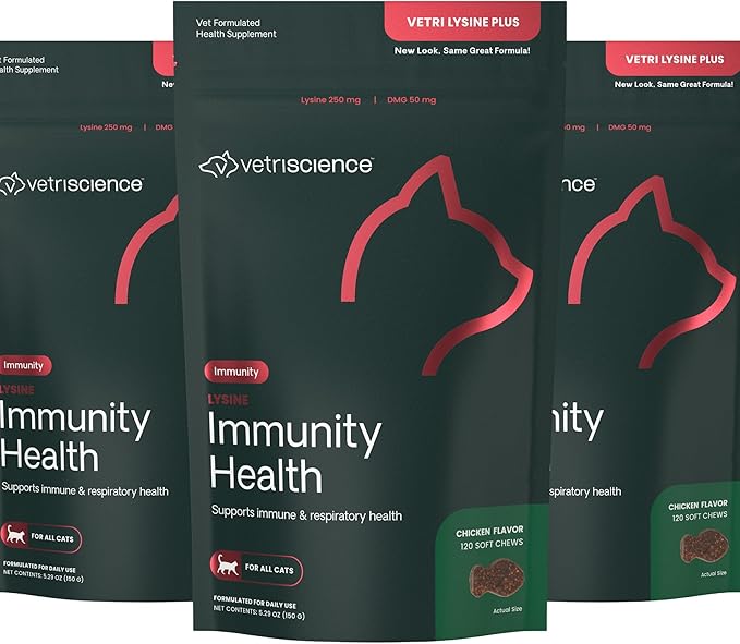 VetriScience Lysine Immunity Health Chews, 250 mg Lysine Plus Immune Supplement for Cats and Kittens with Allergies, Sneezing, Runny Nose and Watery Eyes, Chicken, 3 Pack