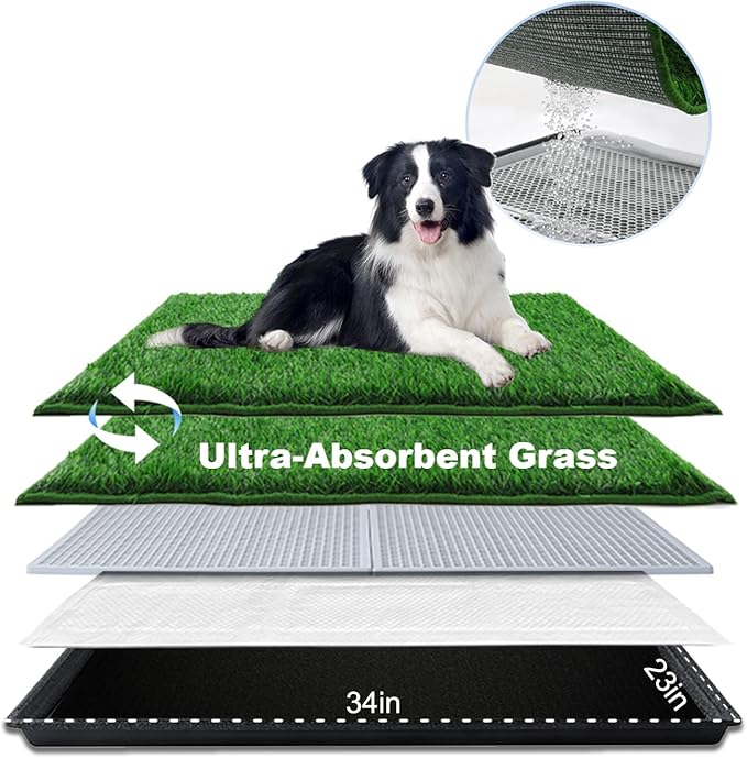 Dog Grass Pad with Tray Large 34’’×23’’, Dog Potty with Ultra-Absorbent Artificial Grass for Dogs with Hemmed Edge, Pee Pads for Dogs, Realistic, Odor Free, Litter Box for Balcony