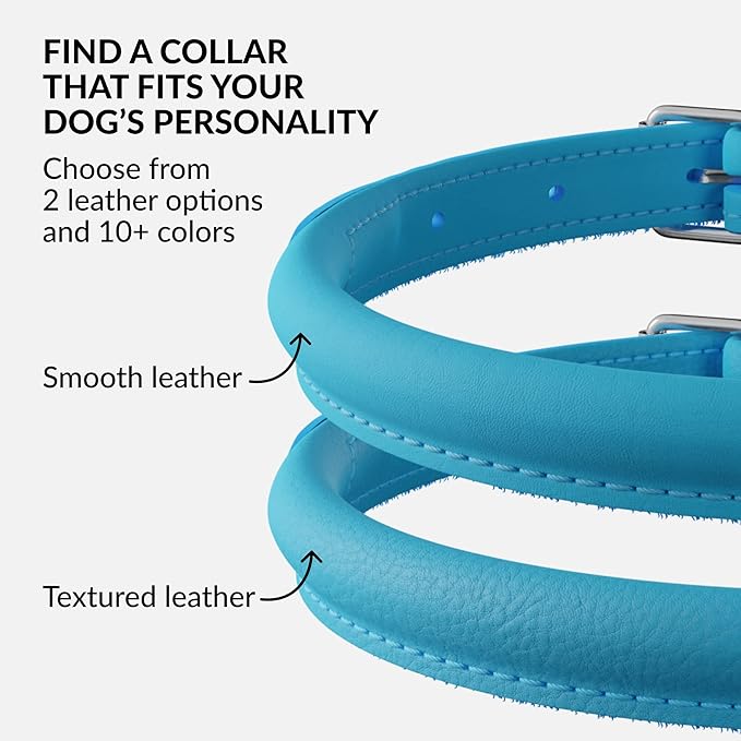 CollarDirect Rolled Leather Dog Collar, Soft Padded Round Puppy Collar, Handmade Genuine Leather Collar Dog Small Large Cat Collars 13 Colors (6-7 Inch, Light Blue)