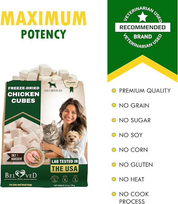 Beloved Pets Dog & Cat Treats Freeze Dried Chicken Cubes 5.3 oz - All Natural Meat Raw Pet Food - Human Grade High-Protein Snacks & Grain-Free Jerky Chews for Cats and Small Dogs