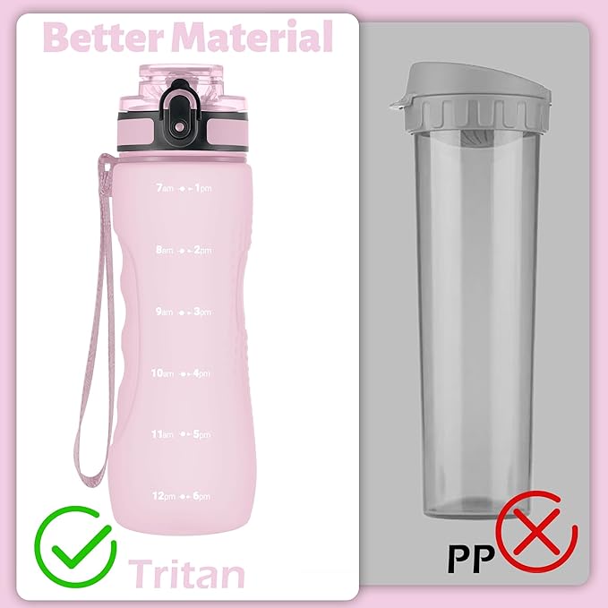 OLDLEY 25 oz Water Bottle, Motivational Water Bottle with Time Marker, Sports Water Bottle With Strap, Leakproof & BPA Free Large Water Bottles for School, Gym, Travel, Outdoor, Tritan,Pink