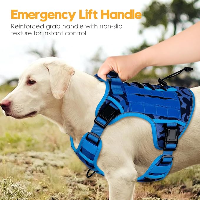Heavy-Duty Tactical Dog Harness for Large Dogs, No Pull Adjustable Reflective Pet Vest with Molle System, K9 Military-Grade Control for Service Training, Outdoor & 10+ Breeds, Blue Camo, X-Large