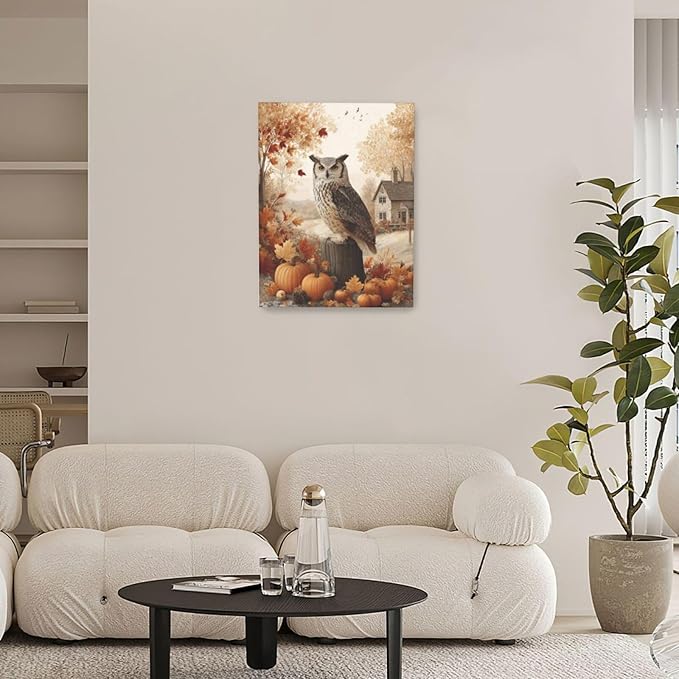 Fall Owl Wall Art Autumn Pumpkin Leaves Wall Decor Rustic Canvas Print Farmhouse Pictures Painting Print Framed Artwork Decorations Gifts for Living Room Bathroom Bedroom Office 12"x16"