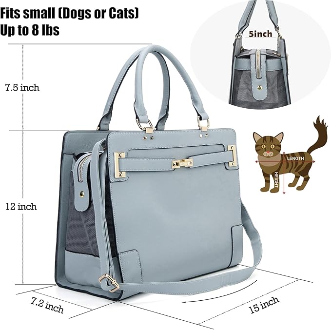 Fashion Pet Carrier Dog Cat Carrier Purse Soft-Sided Leather Handbag Pet Tote Bag for Small Dogs Puppy and Cats TSA Airline Approved (Grey)