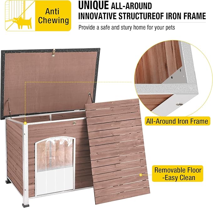 Dog House Outdoor & Indoor Wooden Dog Kennel for Winter with Raised Feet Weatherproof for Small & Medium & Large Dogs,Unique All-Around Iron Frame，Light Brown