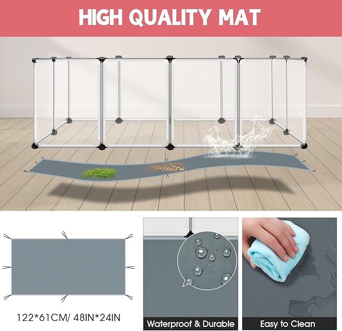 20 Panels Small Animals Playpen, 48" x 24" x 16" Transparent Pet Playpen with Waterproof Mat,Portable Plastic Enclosure Cage for Chicken/Guinea Pigs/Bunny/Ferrets/Hamsters/Hedgehogs Indoors Outdoor
