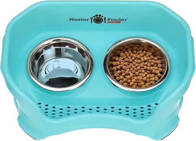 Neater Feeder Deluxe Mess Proof Cat Bowls Elevated for All Breeds – Made in USA – No Spill Raised Bowls for Indoor Cats – Stainless Steel Food and Water Bowl Set, Pet Dish Feeding Station, Aquamarine