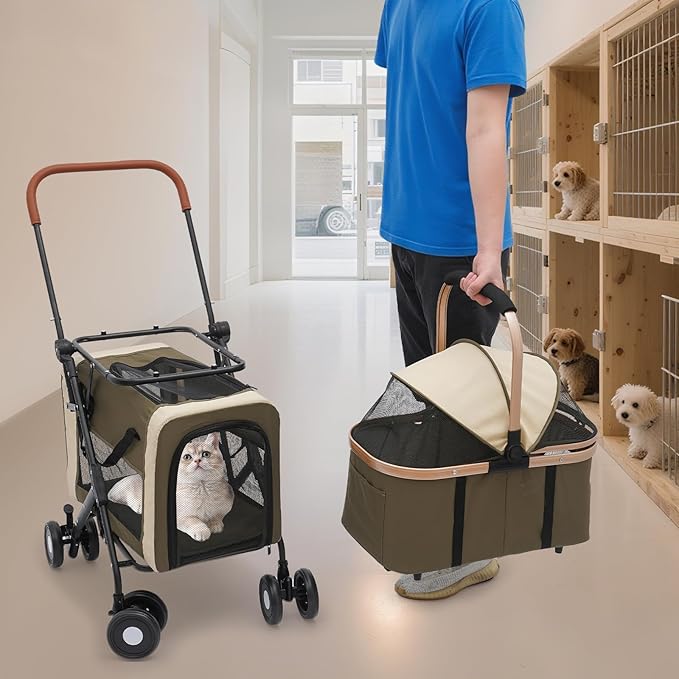 Foldable Pet Stroller for Small & Medium Dogs, Double Dog & Cat Stroller with 3-in-1 Travel System, Detachable Pet Carrier with Wheels for Cats and Dogs up to 77 lbs, Dark Green
