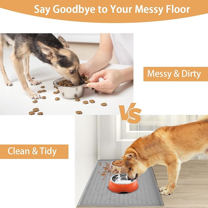 24" x 16" Dog Food Mat, Silicone Pet Mats for Food and Water, Nonslip Pet Feeding Mats for Floors, Dog Cat Bowl Mat with Raised Edges, Beige