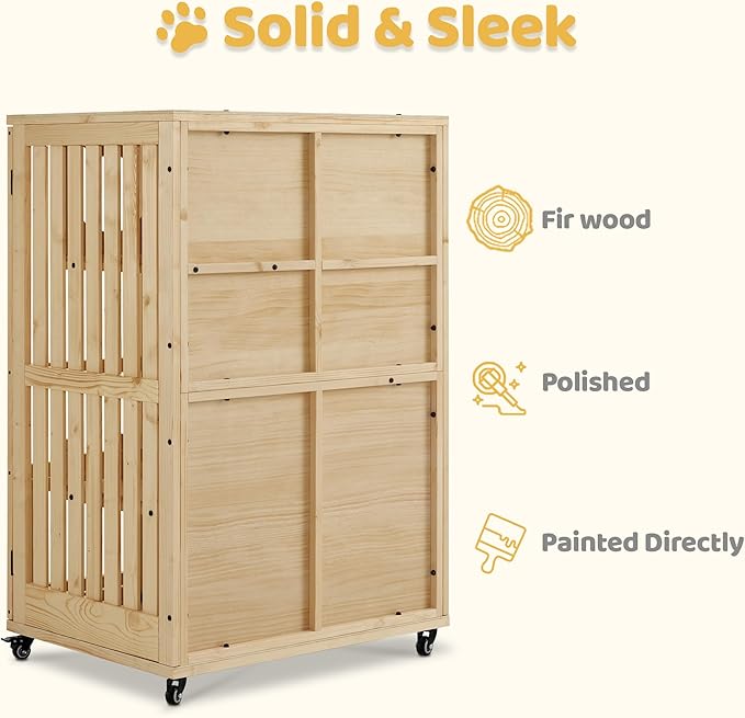 MCombo Wooden Cat Houses for Indoor Cats, Luxury Kitten House with Scratching Pad, Lockable Doors, Wheels, CT090