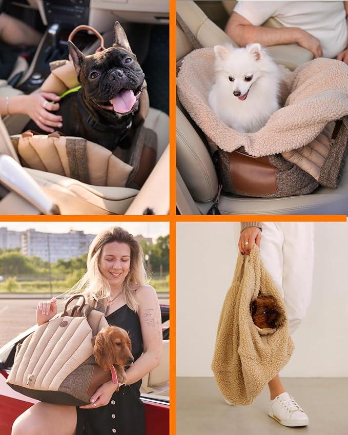 Dog Travel Bag | Cat Carrier | Small Pet Taxi | Lightweight Soft-Sided Tote, Car-Seat Compatible, Washable, 6–20 lb | Vegan Materials | Brown