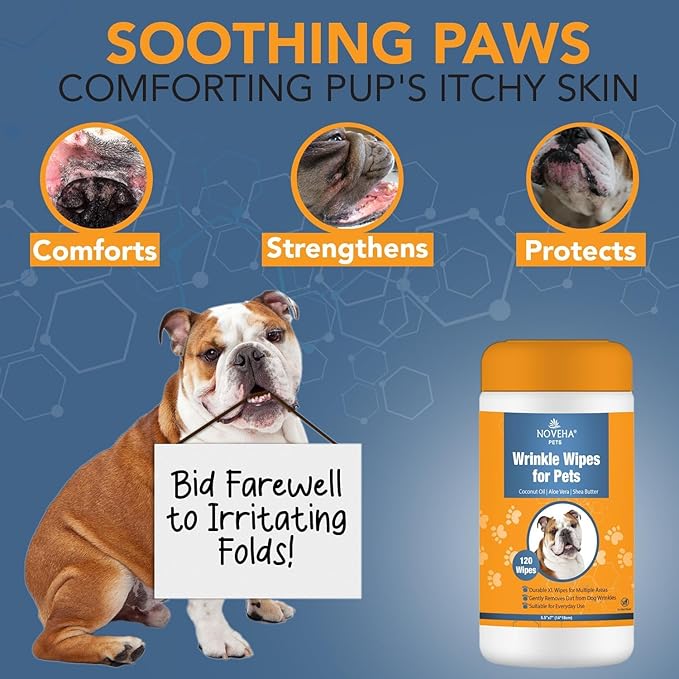 NOVEHA Wrinkle XL Wipes for Dogs | Wipes for Bulldog, French Bulldog, Pug, English Bulldog – Wipes for Multiple Areas Removes Dirt, Wrinkles, Folds, Tear Stain, Tail Pockets & Paws (240 Counts)