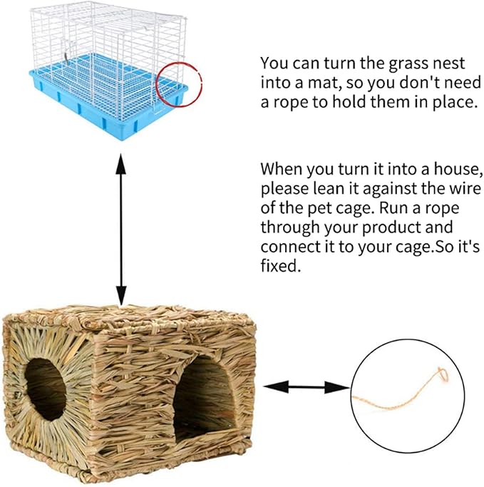 kathson 2 Pcs Large Rabbit Grass House Natural Foldable Hand Woven Seagrass Bed Carrot Hay Toy Hut Safe Comfortable Playhouse with Bunny Chew Toys for Bunny Hamster Guinea Pig Chinchilla Ferret