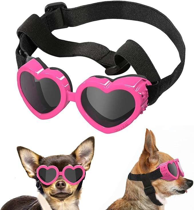 Small Dog Sunglasses UV Protection Goggles Eye Wear Protection with Adjustable Strap Doggy Heart Shape Anti-Fog Sunglasses for Pet Dogs Sun Glasses Doggie Windproof Glasses, Pink