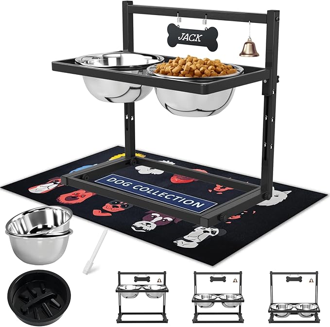 SHAINFUN Elevated Dog Bowls with Slow Feeder & Spillproof Mat, Raised Dog Bowl Stand with 2 Stainless Steel Food Water Bowls, Adjustable Height Stand for Large Medium Breeds