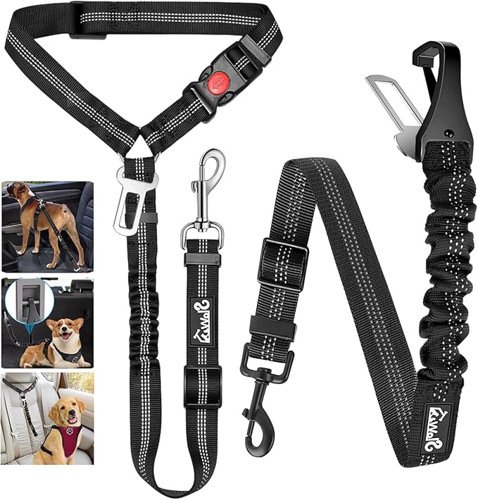 Lukovee Dog Seatbelt Leash for Cars, 2 Pack Pet Safety Car Seat Belt with Adjustable Buckle & Reflective Bungee, Connect Dog Harness in Vehicle Car Dogs Restraint Travel Daily Use (Black)