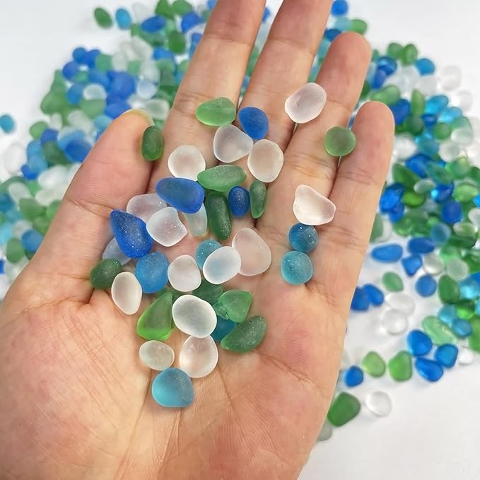 Sea Glass Stones, 0.85LB/385g Mix Blue Aquarium Gravel Rocks, Blue Green White Pebbles for Fish Tank, Sea Glass for Vase Filler Craft