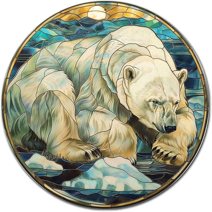 Lygond Metal Sign Tin Sign Circular Stained Glass Polar Bear Bar Signs for Home Decor for Pet 12×12 Inches