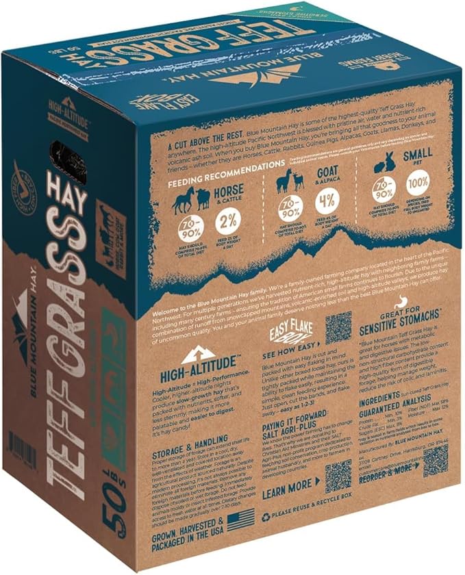 Blue Mountain Hay High-Altitude Teff Grass Hay, 50lb Easy Flake Box - Low NSC & High Fiber for Easy Digestion and Weight Management - Ideal for Horses, Goats, Rabbits, Guinea Pigs & Other Small Pets