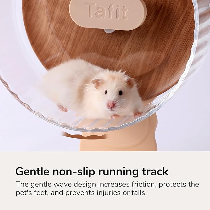 Silent Hamster Wheel 10.5 Inch Dual-Bearings Quiet Running Exercise Wheels with Wood Grain Backboard, Height Adjustable for Syrian Hamsters, Gerbils, Mice, Hedgehog, Lemmings, Warm Brown