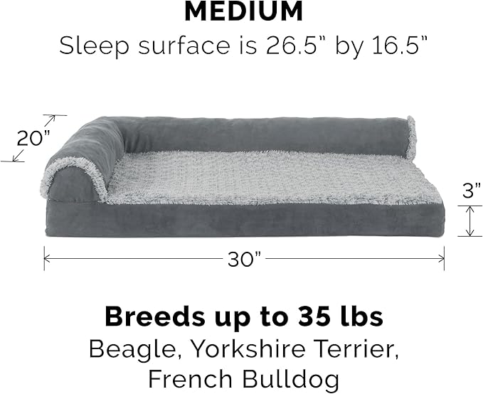Furhaven Cooling Gel Dog Bed for Medium/Small Dogs w/ Removable Bolsters & Washable Cover, For Dogs Up to 35 lbs - Two-Tone Plush Faux Fur & Suede L Shaped Chaise - Stone Gray, Medium