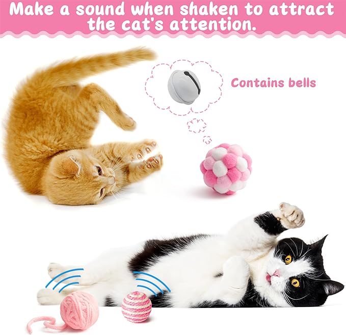 MALLMALL6 Cat Interactive Toys Set - 27Pcs Kitten Toys Stuff Pink Feather Teaser Wand Springs Mice Sisal Fish Crinkle Balls Bell Balls, Puzzle Gift Pack for Indoor Kitty Play Exercise