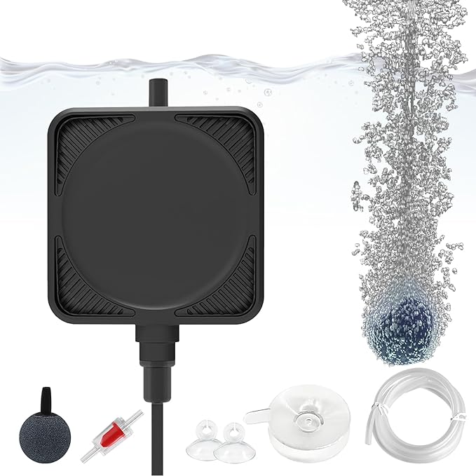 Mini Air Pump for Aquarium, Quiet Air Bubbler with Air Stone Air Tubing Clip, Oxygen Aerator for 1-15 Gallon Fish Tank, 1.3 Watt, 450 ML/min