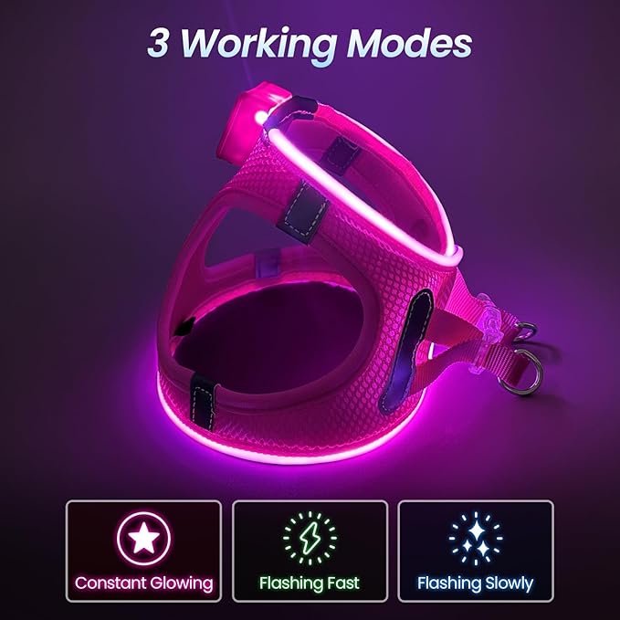 Pceotllar LED Dog Harness - Rechargeable, Flashing Light, No Pull, Reflective - Medium, Pink