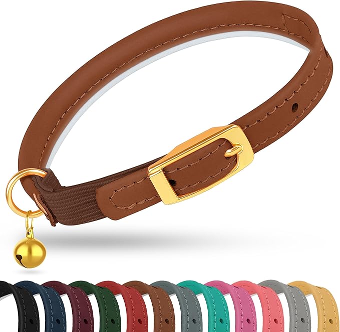 OOPSDOGGY Rolled Leather Cat Collar with Bell - Reflective Kitten Collar with Safety Elastic Strap - Adjustable Small Pet Collars for Boy Girl Cats (Brown)