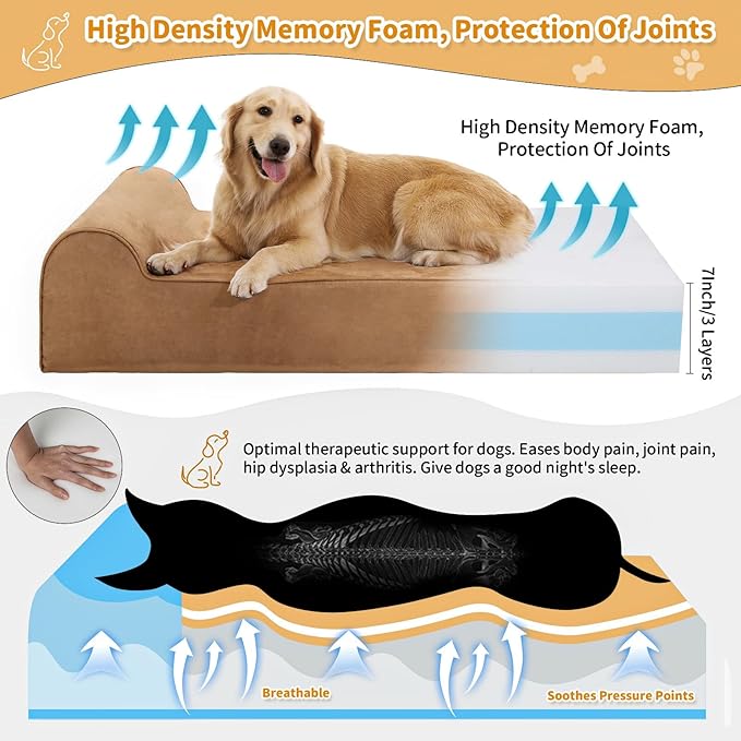 Orthopedic Dog Beds for Large Dogs, 7" Memory Foam Dog Beds with Waterproof Liner, Chew Proof Microsuede Cover, Removable and Washable, Nonskid Bottom, 52"x36" XL Khaki