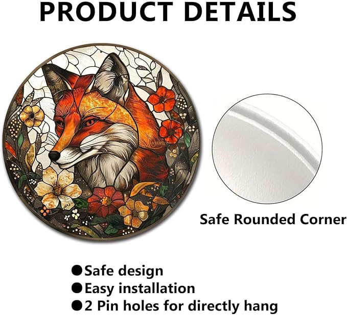 Lygond Metal Sign Tin Sign Circular Stained Glass Fox Garden Sign for Garage 12×12 Inches