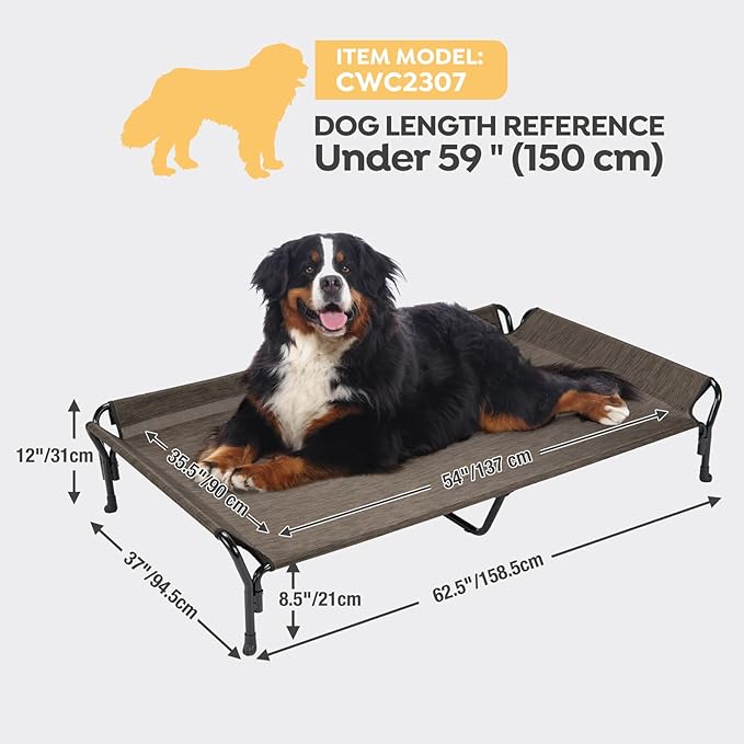 Veehoo Cooling Elevated Dog Bed, Guardrail Raised Pet Cot, Indoor & Outdoor XXL Pet Bed with Washable & Breathable Teslin Mesh, Non-Slip Feet, Dog Couch Bed, 62.5" x 37", Brown
