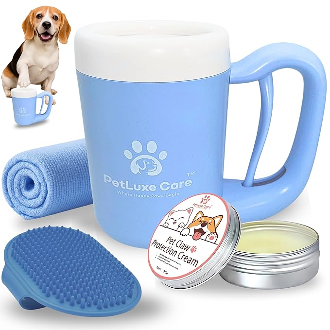 Dog Paw Cleaner for Small & Medium Dogs – Portable Paw Washer Cup with Soft Silicone Brush, Towel & Moisturizing Balm – Gently Cleans Muddy Paws After Walks (Blue, Medium)