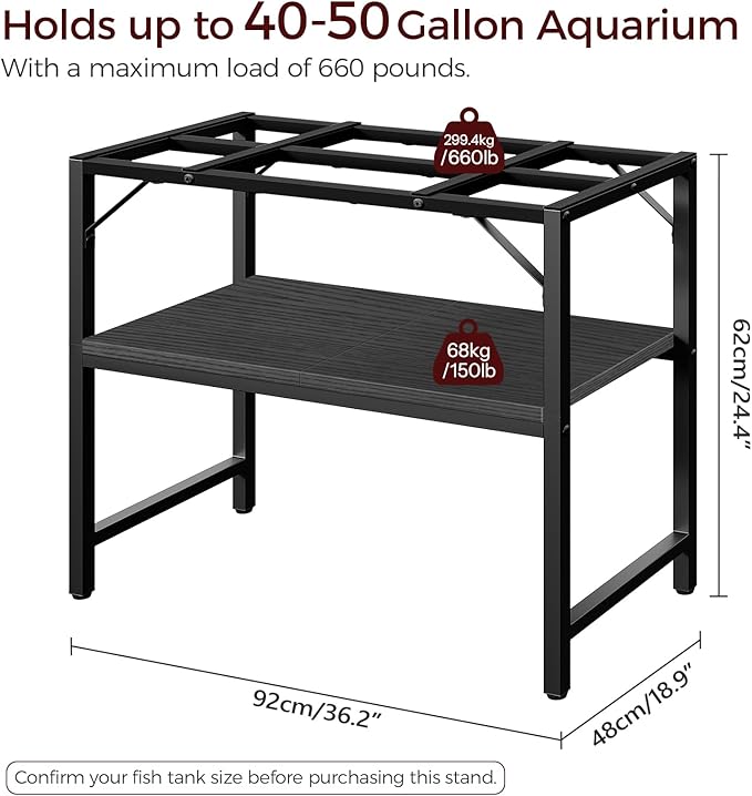 40-50 Gallon Fish Tank Stand, Aquarium Stand with 2-Tier Storage Shelves, Heavy Duty Breeder Turtle Terrarium Stand Rack for Home Office, 36.2" L x 18.9" W x 24.4" H, Black FTBK4001