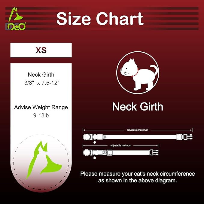 DOCO Cat Collar (Neck Girth - 3/8" x 7.5-12", Weight Upto - 13lb) Reflective Cat Collar with Bell, Breakaway Safety Buckle, Adjustable Nylon Strap for Kittens & Adult Cats (Red)