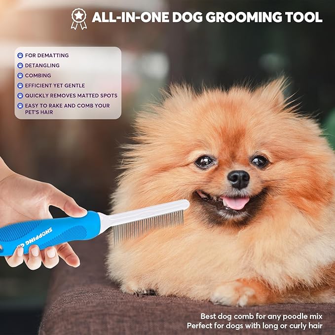 Detangling Pet Grooming Comb for Dogs & Cats with Long & Short Stainless Steel Metal Teeth for Removing Tangles and Knots - Dematting Brush to Detangle Matted Hair