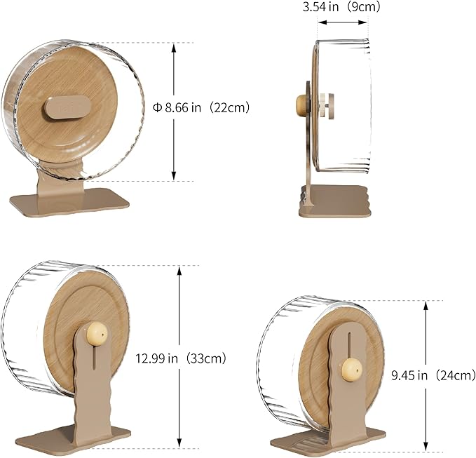 Silent Hamster Wheel 8.7 Inch Dual-Bearings Quiet Running Exercise Wheels with Wood Grain Backboard, Height Adjustable for Dwarf Hamsters, Gerbils, Mice, Hedgehog, Lemmings, Warm Brown