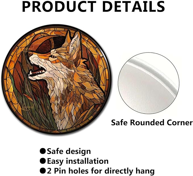 Lygond Metal Sign Tin Sign Circular Stained Glass Coyote Signs for Garden for Pub 12×12 Inches