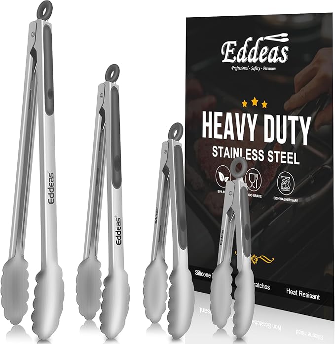 Tongs For Cooking - Heat Resistant 600 Degrees Metal Kitchen Tongs, Heavy Duty Stainless Steel Tongs - Perfect for Food, BBQ Set of 4, 7-9-12 &14 inch Grey