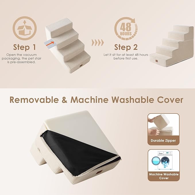 EHEYCIGA Dog Stairs for High Bed 22.5" H, 5-Step Dog Steps for Bed, Pet Steps for Small Dogs and Cats, Non-Slip Balanced Pet Ramp Indoor, Beige