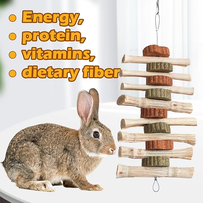 4 PCS Rabbit Chew Toys for Teeth Grinding, Delicious Bunny Cage Hanging Chew Toys, Natural Sweet Bamboo Chew Sticks and Timothy Grass Cake Hay Treats Maintaining Healthy Teeth for Rabbits