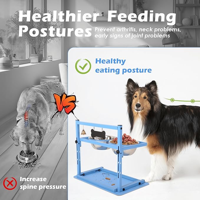 SHAINFUN Blue Raised Dog Bowl Stand with Two 1700ml Stainless Steel Food Bowl, a Slow Feeder and Spill Proof Mat, Adjustable Elevated Dog Bowls for Large Medium and Small Breeds