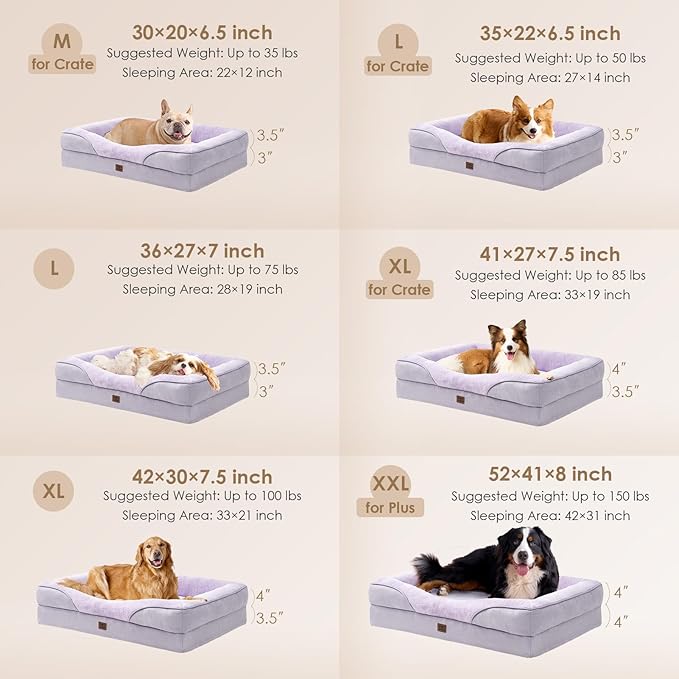EHEYCIGA Memory Foam Dog Bed for Large Sized, Orthopedic Dog Sofa with Sides and Waterproof Liner, Washable Bolster Pet Couch with Removable Cover, 36x27x7 Inch, Purple