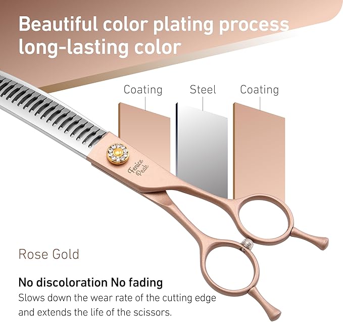 Fenice Peak Professional Curved Chunker Dog Grooming Scissors 7.0'' Rose Gold Thinning Shears Extremely Sharp Blades 440C Stainless Steel Thinning Shears Durable Smooth Fine Cut for Dogs and Cats.